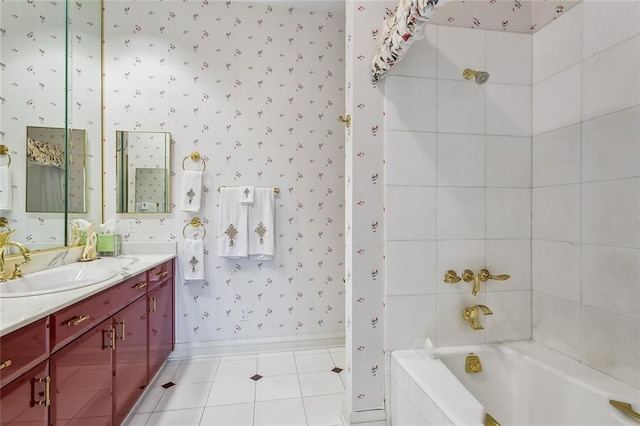 full bathroom with tile patterned floors, a tub, wallpapered walls, walk in shower, and vanity