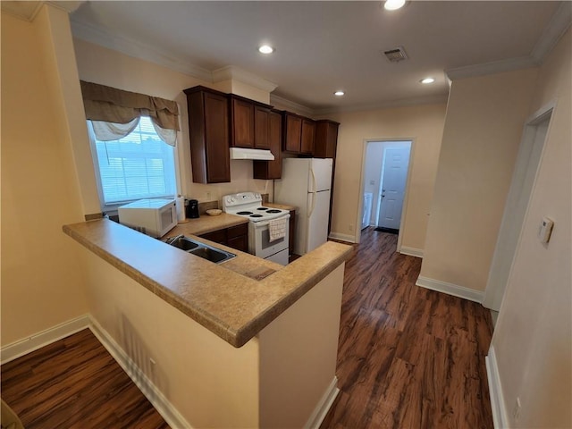 kitchen featuring ornamental molding, dark wood-type flooring, kitchen peninsula, dark brown cabinets, and white appliances