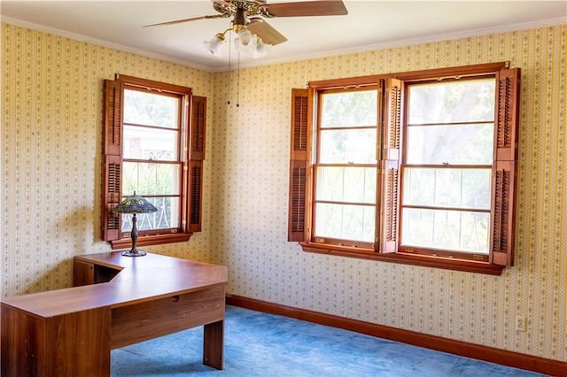 unfurnished office featuring ornamental molding, ceiling fan, and carpet flooring