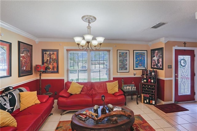 tiled living room with crown molding, a chandelier, and a textured ceiling