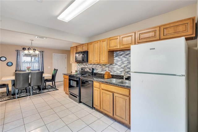 5611 Arts St, New Orleans, LA 70122 - kitchen with black appliances, a sink, dark countertops, decorative backsplash, and light tile patterned floors