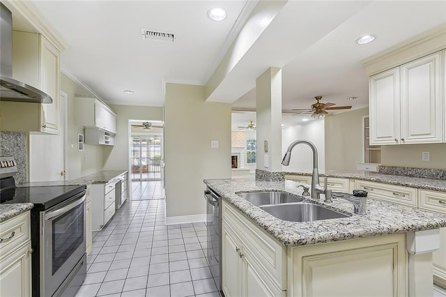 kitchen with appliances with stainless steel finishes, wall chimney exhaust hood, sink, and ceiling fan