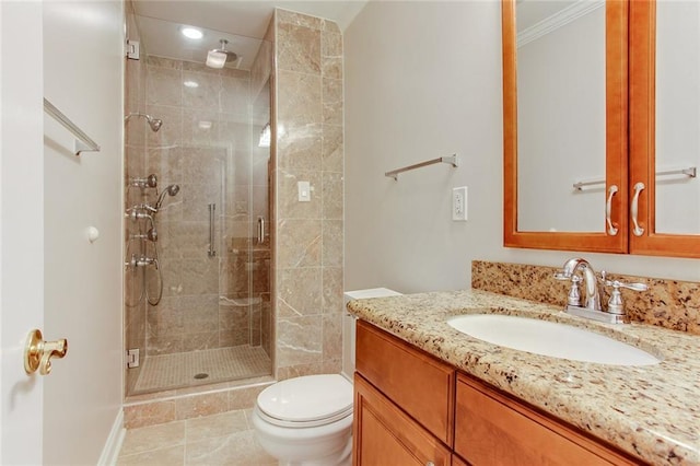 bathroom featuring walk in shower, vanity, toilet, and tile patterned floors