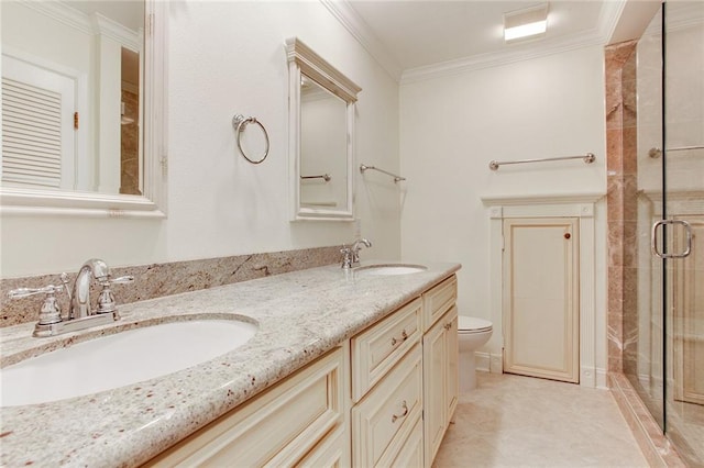 bathroom with crown molding, walk in shower, vanity, and toilet