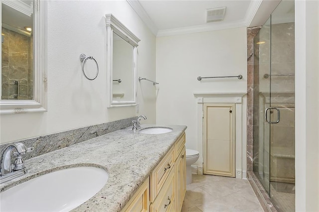 bathroom featuring vanity, crown molding, toilet, and a shower with door