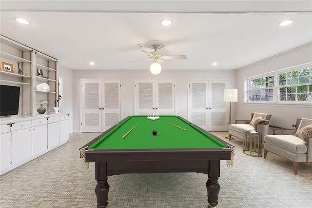 rec room featuring pool table, ceiling fan, and french doors