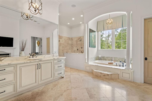 bathroom with crown molding, vanity, and independent shower and bath