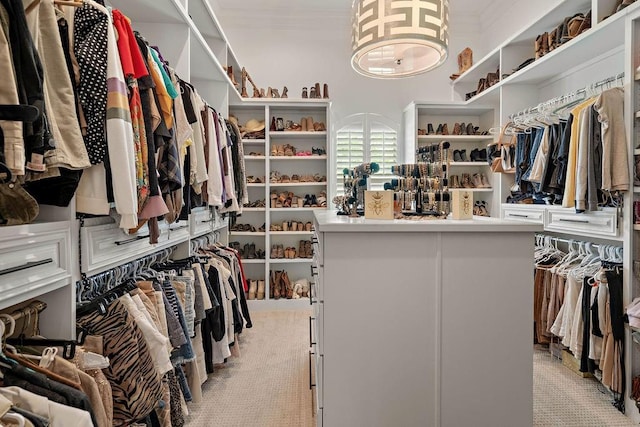 walk in closet with light colored carpet