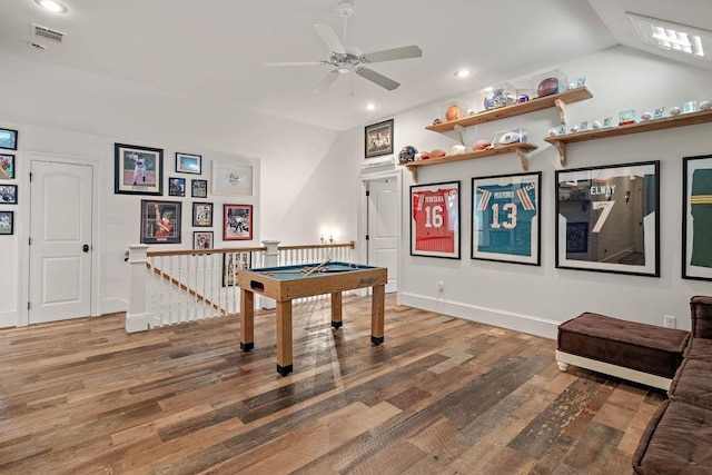 playroom with ceiling fan, wood-type flooring, vaulted ceiling, and pool table