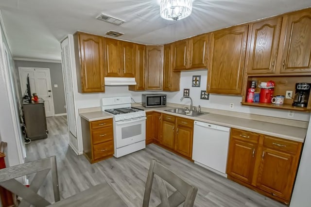 kitchen with visible vents, under cabinet range hood, brown cabinetry, white appliances, and a sink