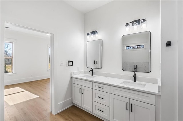 bathroom with hardwood / wood-style flooring and dual bowl vanity