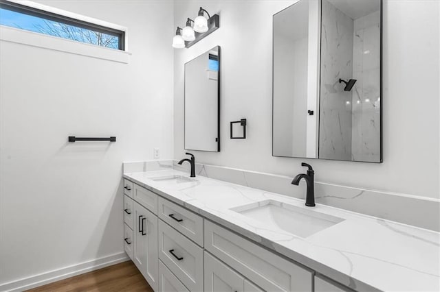 bathroom with wood-type flooring and dual bowl vanity