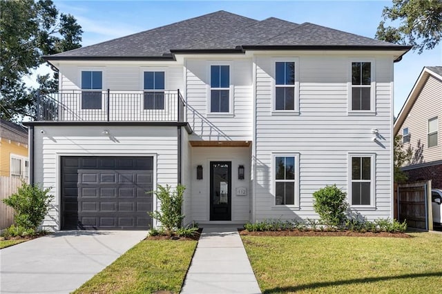 view of front of house with a front yard, a garage, and a balcony