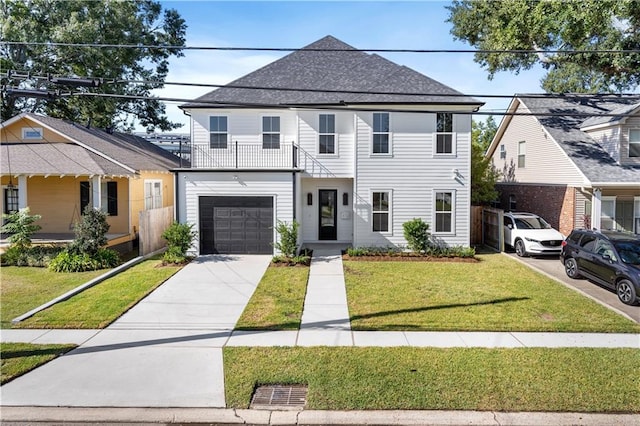 view of front of property with a front yard and a garage