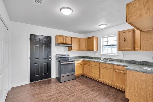 kitchen featuring dark wood-style flooring, dark countertops, visible vents, a sink, and stainless steel electric range