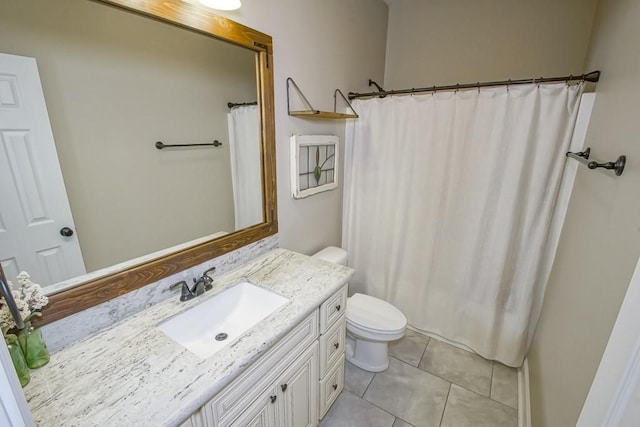 full bath featuring a shower with shower curtain, vanity, toilet, and tile patterned floors