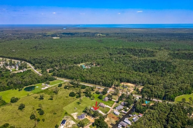 drone / aerial view featuring a wooded view