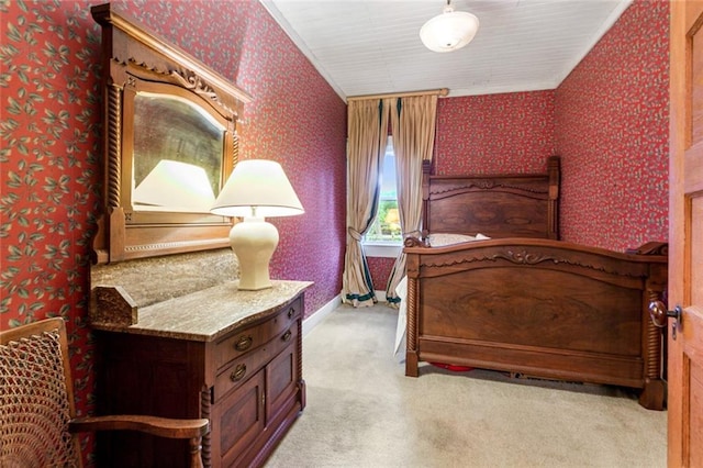 bedroom featuring light colored carpet