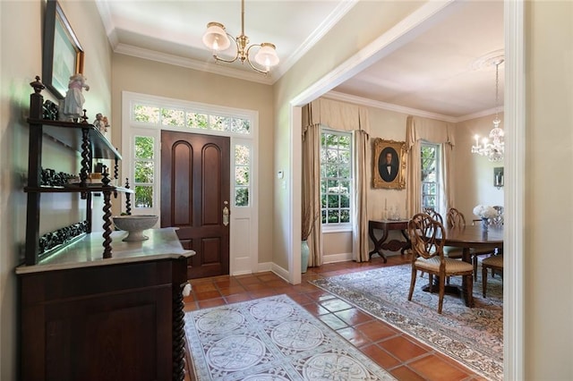 entrance foyer featuring a notable chandelier, light tile patterned floors, and ornamental molding