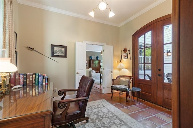 office featuring tile patterned flooring, french doors, an inviting chandelier, and crown molding