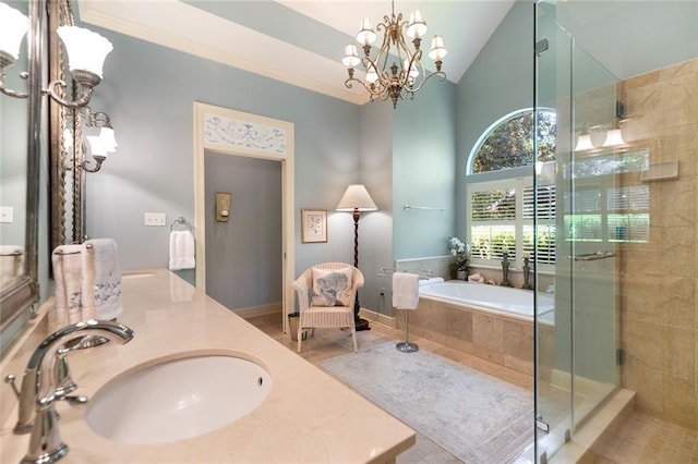 bathroom featuring vanity, lofted ceiling, tile patterned floors, independent shower and bath, and a chandelier