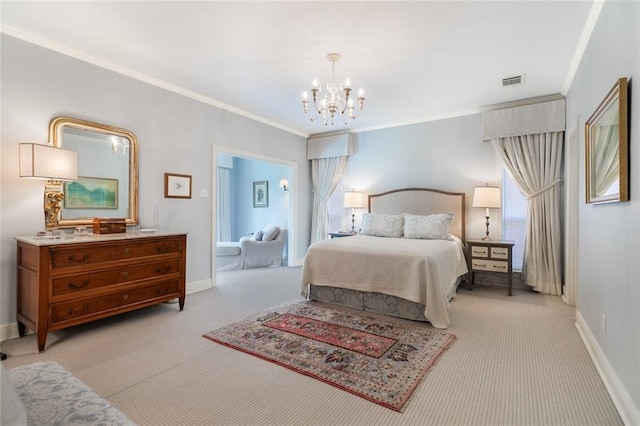 bedroom with crown molding, light carpet, and an inviting chandelier