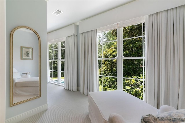 bedroom with access to outside, multiple windows, and light carpet