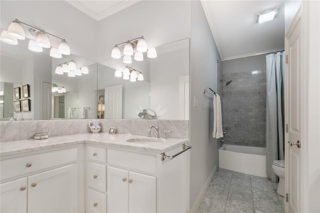 full bathroom with vanity, shower / bathtub combination with curtain, ornamental molding, and toilet