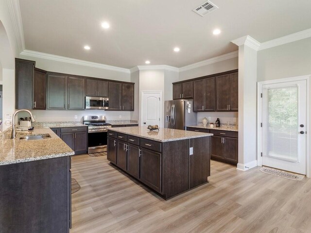 kitchen with dark brown cabinetry, stainless steel appliances, and a sink