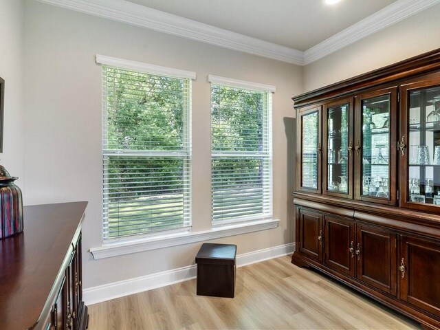 interior space with light wood finished floors, baseboards, and crown molding