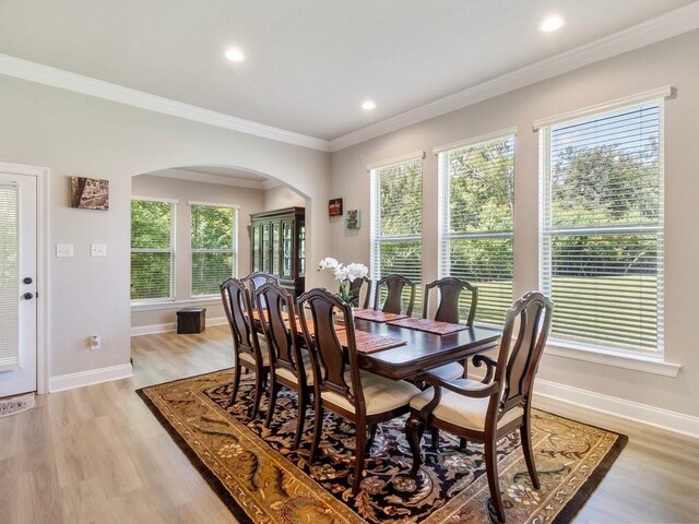 dining area featuring plenty of natural light, arched walkways, crown molding, and baseboards