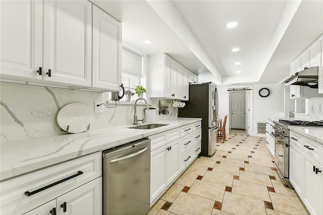 kitchen featuring white cabinets, sink, a barn door, tasteful backsplash, and stainless steel appliances