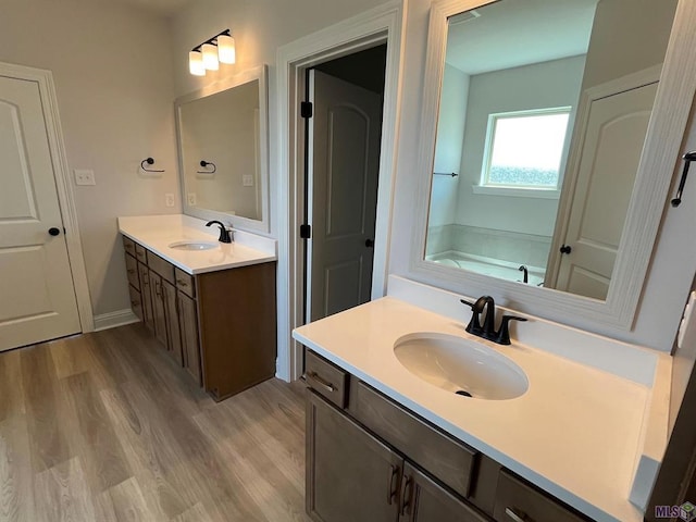 bathroom with wood finished floors, two vanities, a garden tub, and a sink