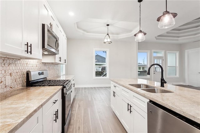 kitchen featuring pendant lighting, sink, stainless steel appliances, and a raised ceiling