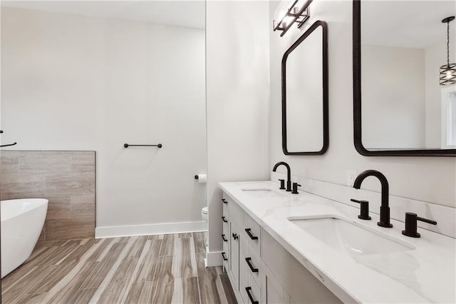 bathroom with vanity, toilet, and a washtub