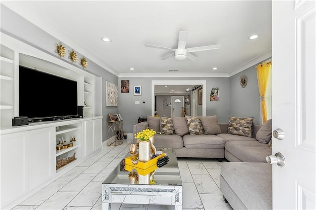 living room with crown molding, ceiling fan, and built in features