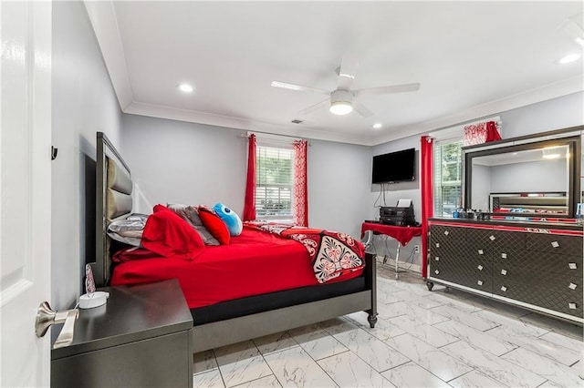 bedroom featuring ornamental molding and ceiling fan