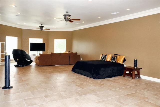 tiled bedroom with ornamental molding and ceiling fan