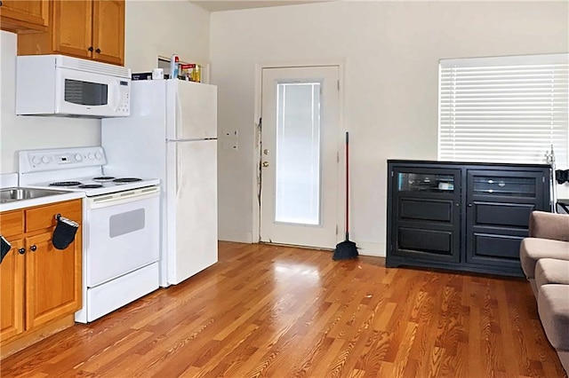 kitchen featuring light hardwood / wood-style flooring and white appliances