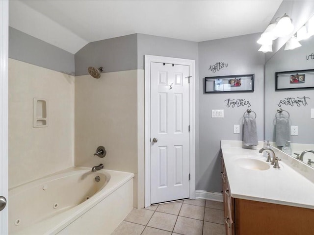 bathroom featuring vanity, bathing tub / shower combination, tile patterned floors, and lofted ceiling