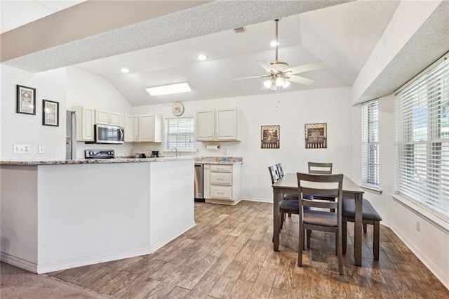 kitchen with appliances with stainless steel finishes, light hardwood / wood-style flooring, vaulted ceiling, light stone countertops, and ceiling fan