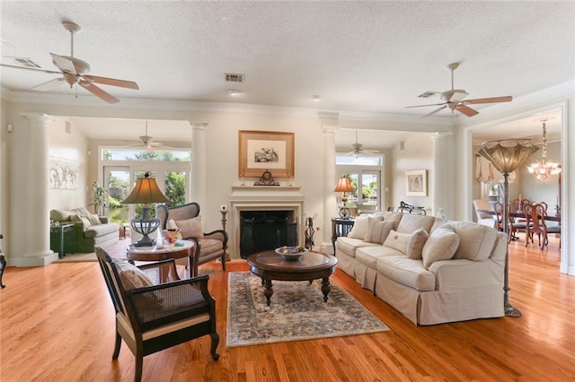 living room with light hardwood / wood-style floors, a textured ceiling, and a wealth of natural light