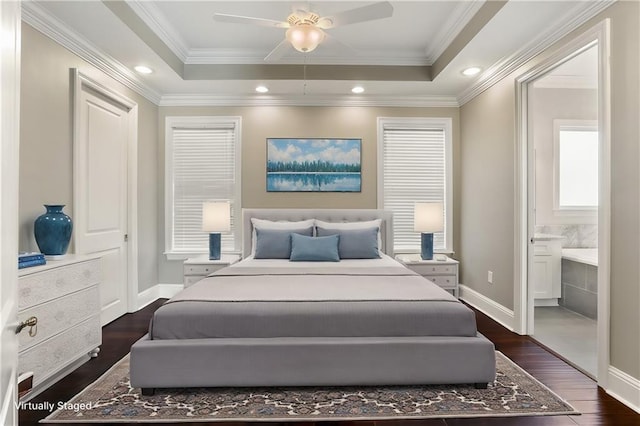 bedroom with ceiling fan, ensuite bathroom, dark hardwood / wood-style floors, and ornamental molding