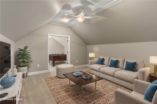 living room with ceiling fan, lofted ceiling, and carpet flooring