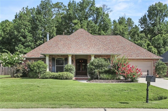 view of front of house with a garage and a front lawn