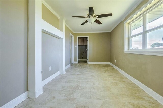 unfurnished bedroom featuring a closet, ceiling fan, and ornamental molding