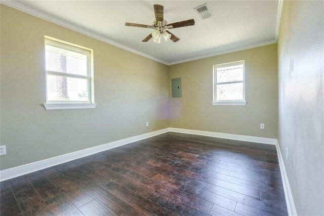 spare room featuring ceiling fan, electric panel, dark hardwood / wood-style flooring, and ornamental molding