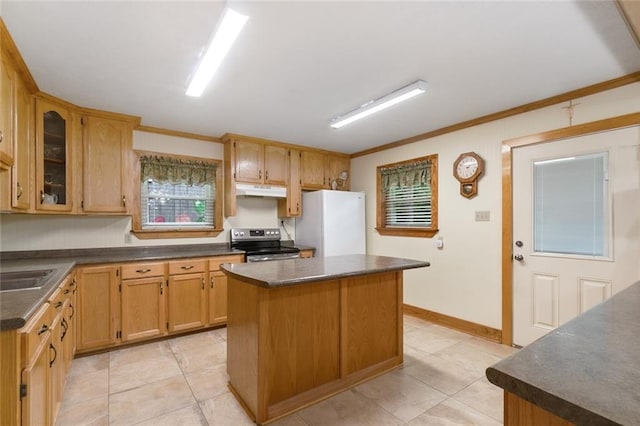 kitchen with ornamental molding, stainless steel range with electric cooktop, white refrigerator, and a kitchen island