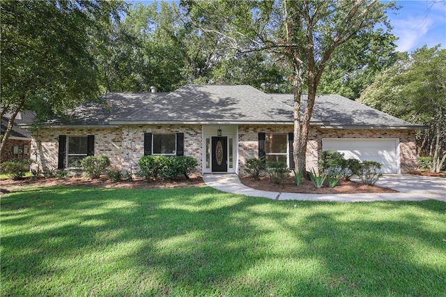 ranch-style house featuring roof with shingles, a front lawn, concrete driveway, a garage, and brick siding