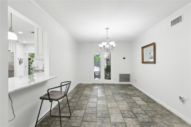 unfurnished dining area with an inviting chandelier and ornamental molding